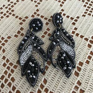 Beaded and Sequined Black & Silver Feather Earrings